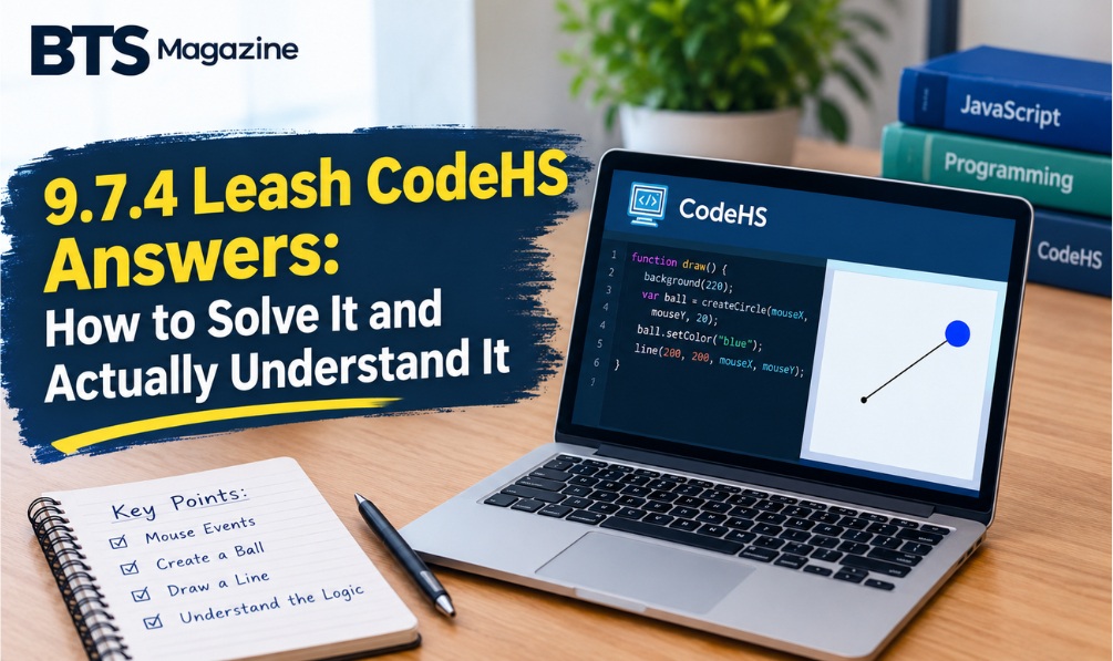 Screenshot of the 9.7.4 Leash CodeHS Answers exercise showing a circle and a line following the mouse cursor