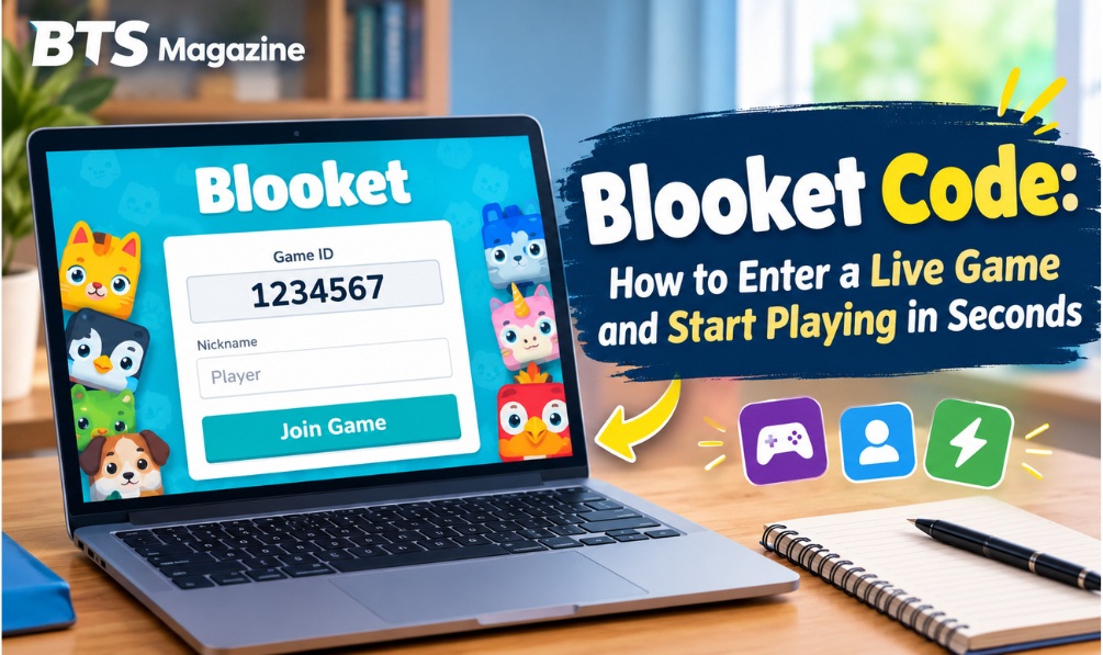 Student typing a Blooket code into the Game ID box on play.blooket.com