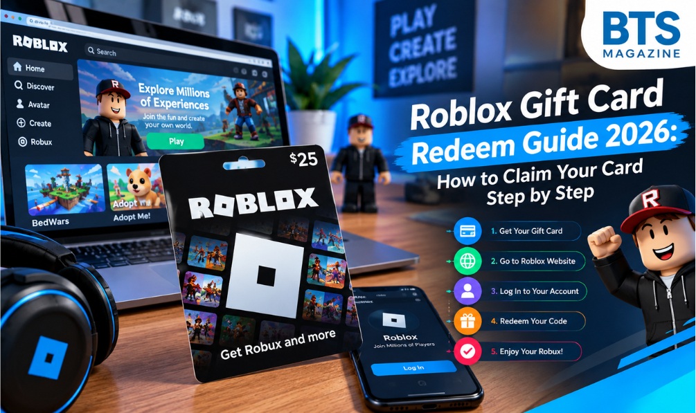 Roblox gift card redeem guide explaining how to enter a gift card code and check account credit.