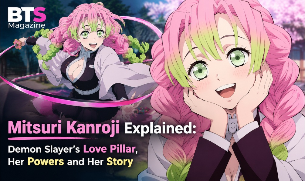 Mitsuri Kanroji, the Love Pillar of Demon Slayer, with her pink and green braided hair