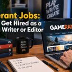 Gaming writer typing an article on a laptop while researching Gamerant jobs and gaming writing careers