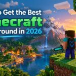 Minecraft background featuring a blocky landscape with mountains, trees, and a scenic gaming environment