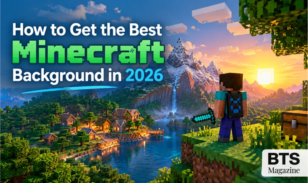 Minecraft background featuring a blocky landscape with mountains, trees, and a scenic gaming environment