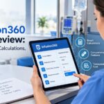 Infusion360 app review showing IV calculator features, medication reference, and drug compatibility tools