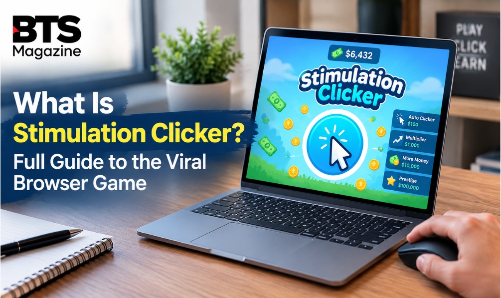 Stimulation Clicker browser game screen filled with upgrades, pop-ups, and visual distractions