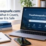 Laptop screen showing a multi-topic informational website with categories for online safety, technology, and finance