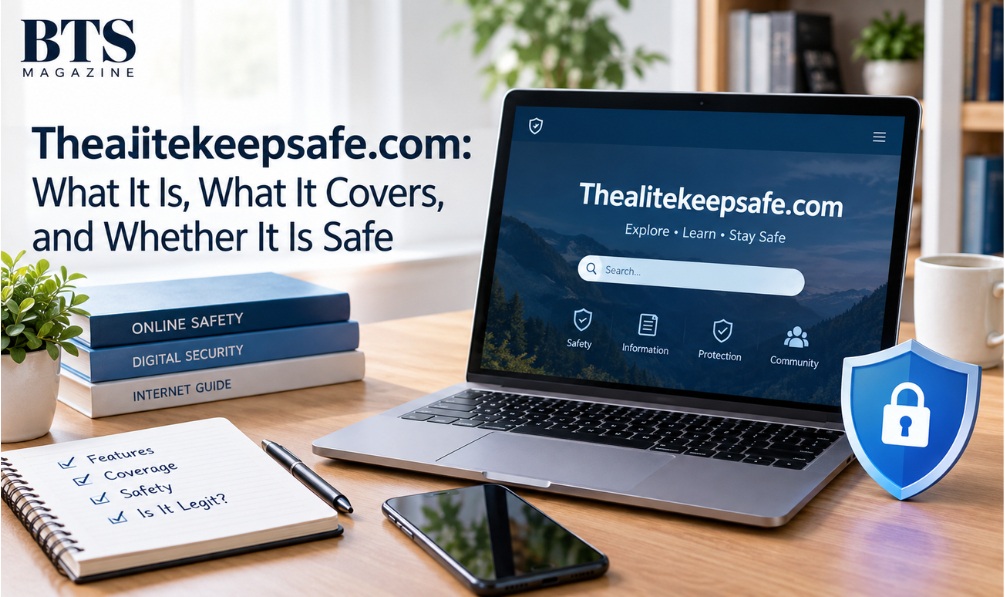 Laptop screen showing a multi-topic informational website with categories for online safety, technology, and finance