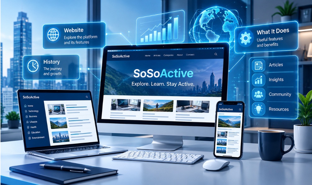 SoSoActive website and digital publishing concept displayed on a laptop screen
