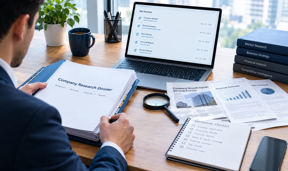 Financial reports and market data being checked during company research.