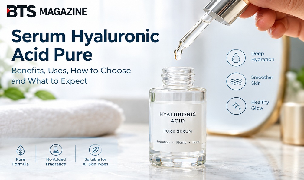 Serum hyaluronic acid pure in a glass dropper bottle for skin hydration