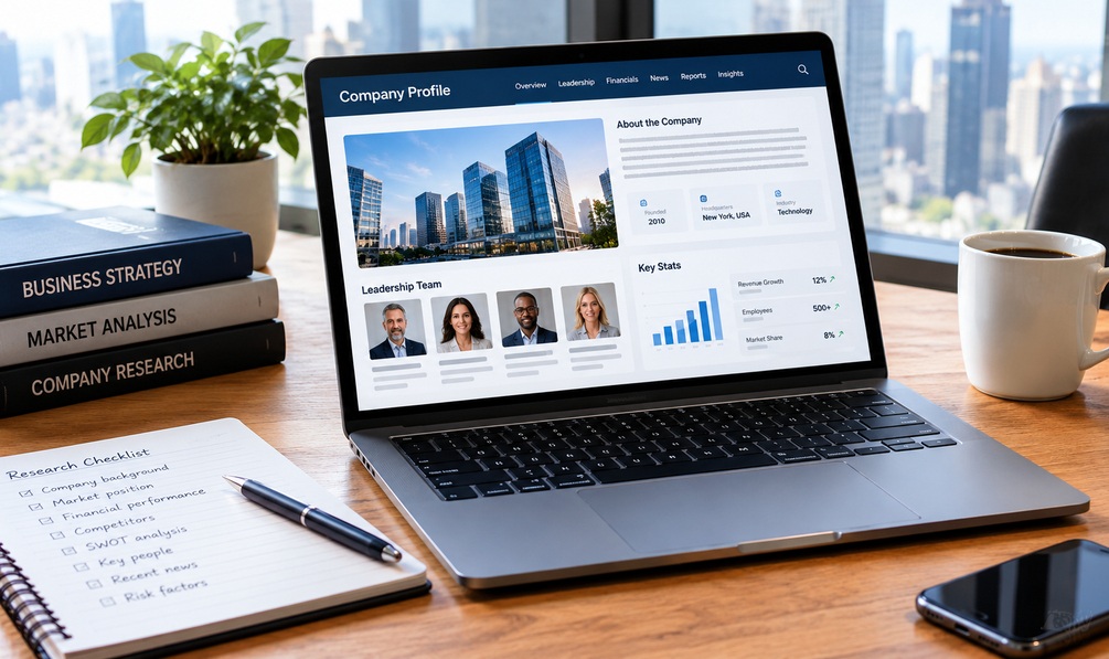 Company research template showing business background, ownership, leadership, and source verification.